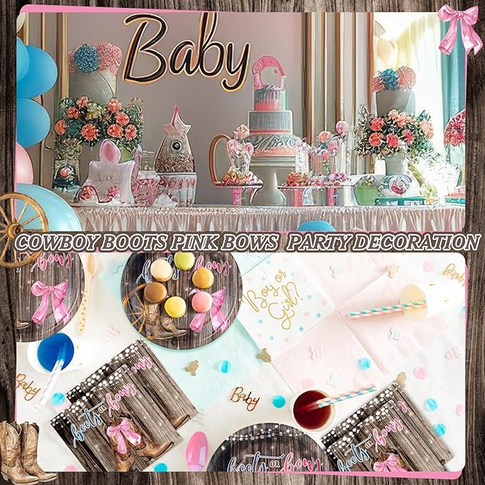 168 Pcs Boots Bows Gender Reveal Birthday Party Supplies Boy or Girl Birthday Party Decorations, Cowboy Boots Pink Bows for Baby Shower Decorations