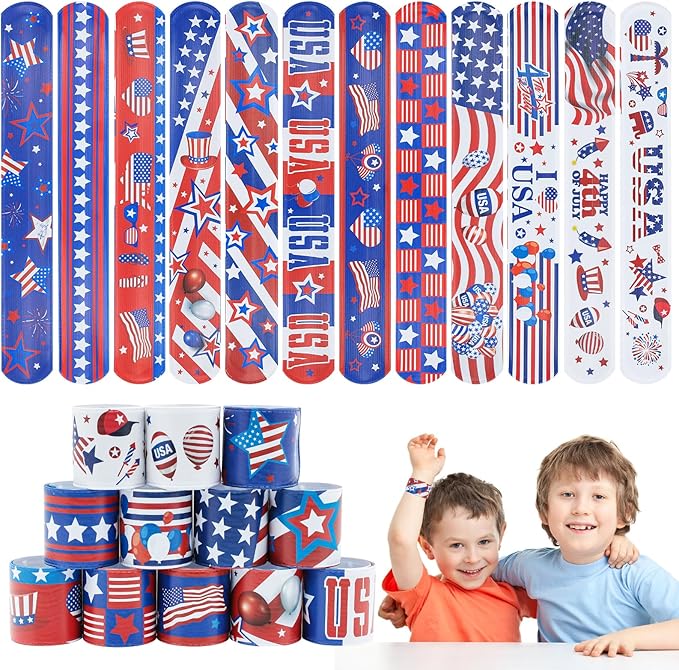 4th of July Party Favors Slap Bracelets for Kids 36PCS Red White and Blue American Flag Patriotic Snap Bracelet Bulk Independence Day Party Supplies Fourth of July Kids Toys Gifts Classroom Prizes