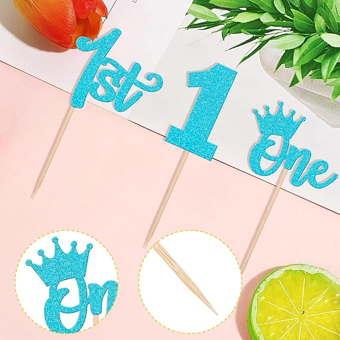 24 PCS 1st Birthday Cupcake Toppers Glitter First Birthday Crown Wild One Cupcake Picks for Baby Shower Kids Boys Girls 1st Birthday Anniversary Boho Theme Party Cake Decorations Supplies Blue