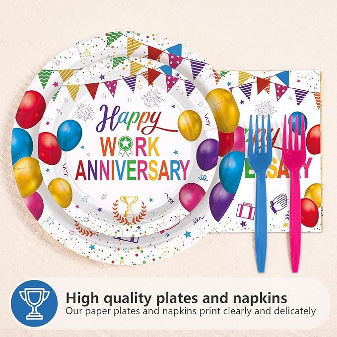 96Pcs Happy Work Anniversary Party Supplies Colorful Happy Workiversary Plates and Napkins Colorful Work Office Paper Tableware Set for Employee Worker Appreciation Party Supplies Serves 24