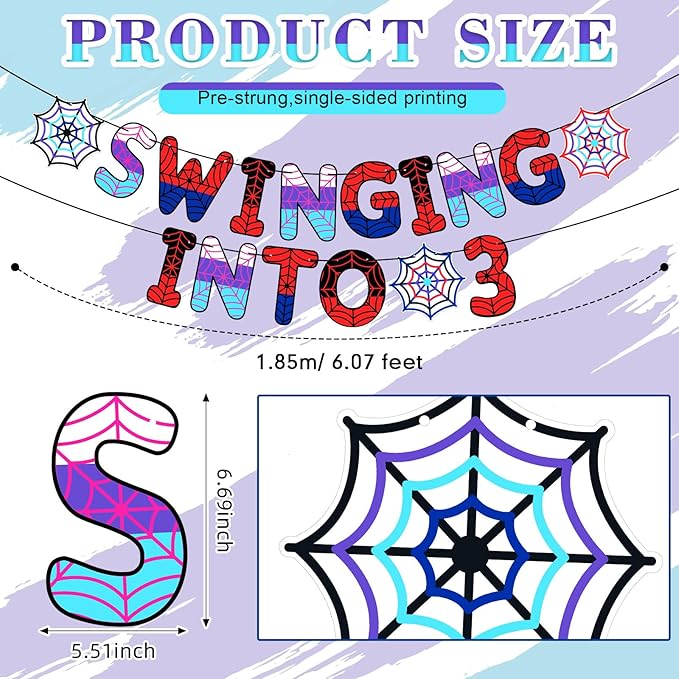 TaoBary Spider Theme 3rd Birthday Banner, Pre-strung Swinging into 3 Banner, Spider 3rd Birthday Decorations Party Supplies for Kids, Third Decor for 3 Year Old Boys Girls(Family Colors)