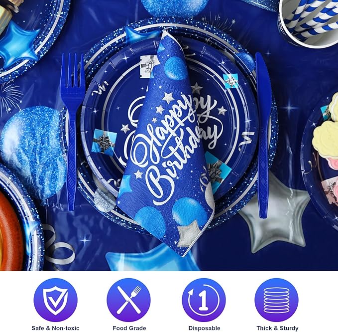 Norme 176 Pcs Navy Blue and Silver Birthday Tableware Set Birthday Decoration Includes Tablecloth Paper Plates Napkins Paper Cups Forks Knifes and Straws for 25 Guests Party Supplies (Classic)