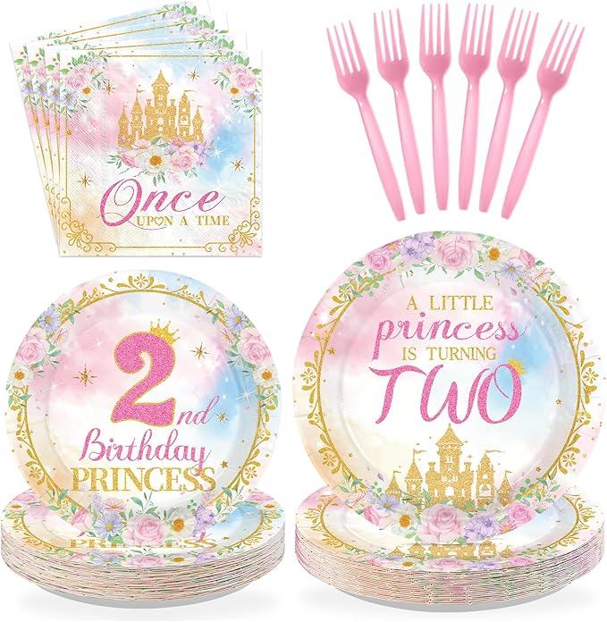 96Pcs Princess 2nd Birthday Party Decorations for Girls A Little Princess Is Turning Two Plates and Napkins Sets Pink Castle Once Upon a Time Decoration for Two Year Old Bday Party Supplies Serves 24