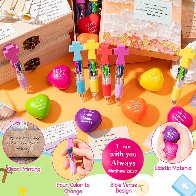 CY2SIDE 12 Pack Easter Christian Bible Verse Heart Squeeze Balls Gift Set with Ballpoint Pen Religious Bible Sticker, Mini Heart Foam Ball for Kid Classroom Exchange, Easter Goodie Bag Stuffers Supply