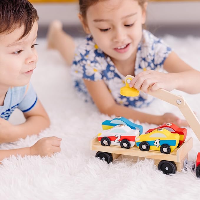 Melissa & Doug Magnetic Car Loader Wooden Toy Set with 4 Cars and 1 Semi-Trailer Truck Crane Wooden Toy, Vehicle Toys for Kids Ages 3+
