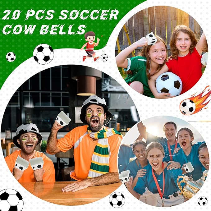 Landhoow 20 Pcs Soccer Cow Bells Noise Maker Metal Cowbell with Handle Novelty Hand Percussion Cowbells for Sporting Events Soccer Games Party Favors Soccer Supplies, 2.95 x 2.36 x 2.95 Inch