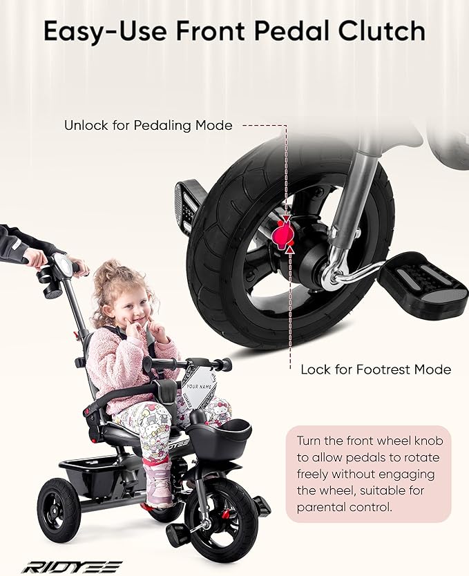 7-in-1 Tricycle for 18 Months to 5 Years, All-Terrain Rubber Tires, Dual Wheel Brakes, Rotatable Seat for Toddlers 1.5-3, Tricycle for 3-5 Years with DIY Stickers, Grey