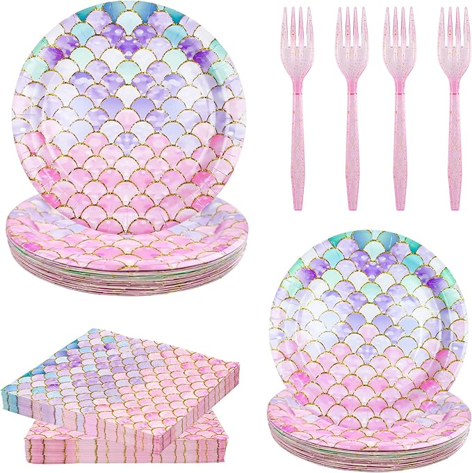120 Pieces Mermaid Scale Birthday Party Tableware Set - Includes Plates, Napkins, Forks - Ocean Themed Decorations for Girls Party - Ideal for 30 People