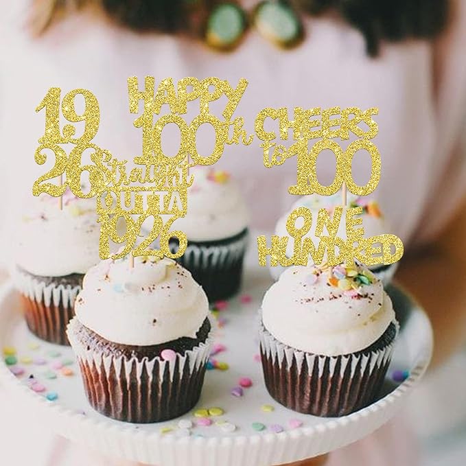30PCS Happy 100th Birthday Cupcake Toppers Gold Glitter One Hundred Years Straight Outta 1926 Cupcake Picks 100 Fabulous Cake Decorations for 100th Birthday Anniversary Party Decoration Supplies
