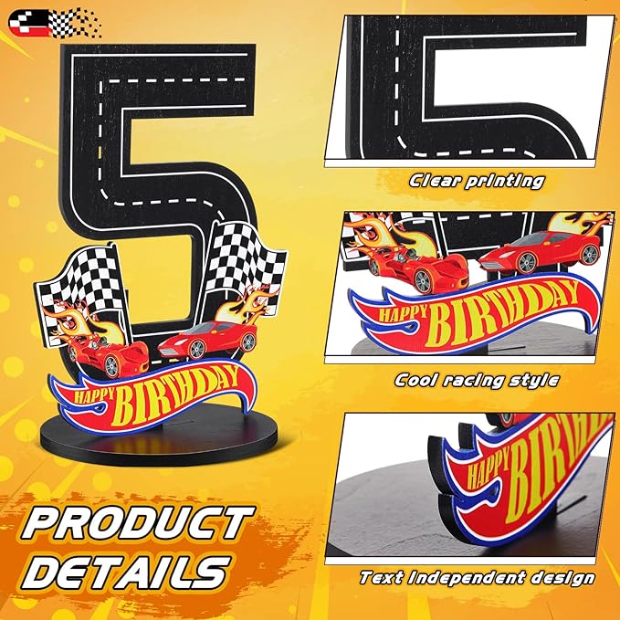 Race Car 5th Birthday Number Sign Centerpiece Race Car Theme 5th Birthday Party Supplies Wooden Table Decoration Photo Props for Boys Five Years Old