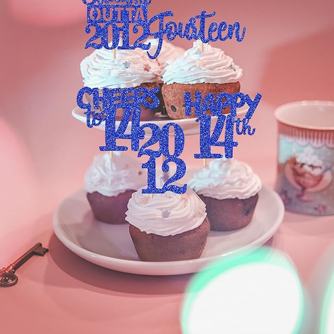 30 PCS 14th Birthday Cupcake Toppers Glitter Fourteen Happy 14 Straight Outta 2012 Cupcake Picks for Cheers to 14 Fabulous 14th Birthday Anniversary Party Cake Decorations Supplier Blue