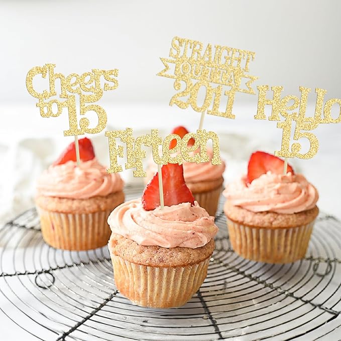 Ephlyn 24Pcs 15th Birthday Cupcake Toppers Glitter Straight Outta 2011 Cupcake Picks Hello 15 Cheers to 15 Years Cake Decorations for 15th Birthday Anniversary Party Decorations Supplies Gold