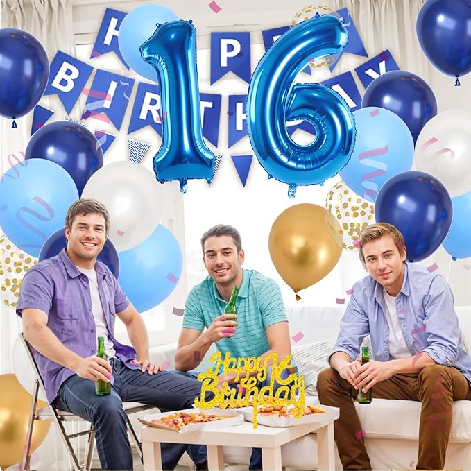 16th Birthday Decorations, Dark Happy Birthday Party Decorations With Number 16 Balloons Metallic Gold Pearl White Light Blue Fringe Curtain Banner Cake Topper For Boy Girl Party Supplies