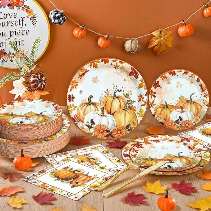 180 Pcs Fall Paper Plates and Napkins,Thanksgiving and Pumpkin Plates Disposable Dinnerware Set for Autumn Thanksgiving Party Supplies,Serve 60 Guests