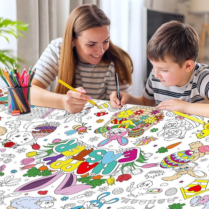 Easter Large Coloring Poster for Kids, Happy Jumbo Coloring Paper Tablecloth, Bunny Eggs Color-in Craft Activities for School Classroom Home Party Supplies Decorations, 30 x 72 Inch