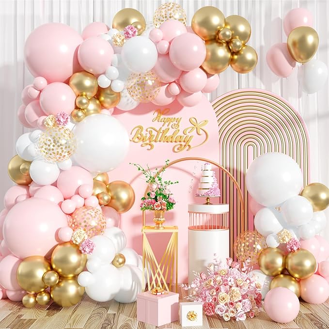 Pink and White Balloon Arch Kit, 121PCS Pink and Gold Balloon Garland Pastal Pink White Gold Confetti Balloons for Girls Birthday Baby Shower Wedding Bridal Shower Party Decorations