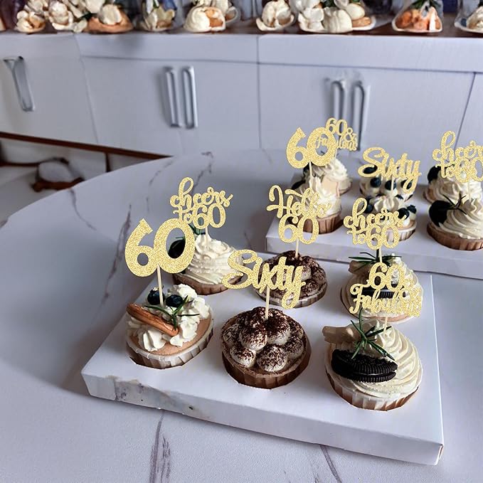 30Pcs Happy 60th Birthday Cupcake Toppers Gold Glitter Sixty Cake Toppers Cheers to 60 Years Old Birthday Cupcake Picks for 60th Birthday Anniversary Party Cake Decorations Supplies