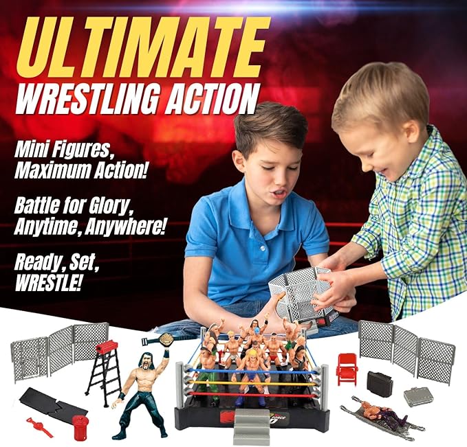 Liberty Imports Ultimate 32-Piece Wrestling Miniature Toys for Kids Pretend Play, Wrestler Figures with 2 Rings & Realistic Accessories for Boys and Girls, Great for Cake Toppers, Parties