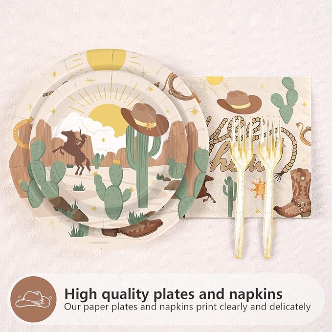 96 Pcs Western Rodeo Party Supplies 350 GSM Western Cowboy Plates and Napkins Howdy Cowgirl Tableware Set for Yeehaw Western Wild West Theme Birthday Party Decorations Baby Shower Favors Serves 24