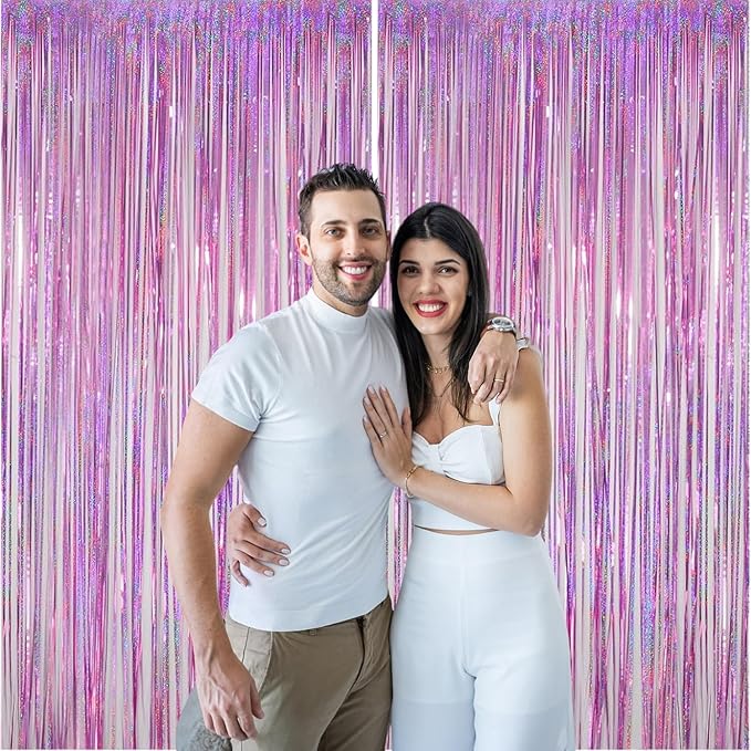 2 Pack Pink Foil Fringe Curtains, 3.3x6.6 Ft Metallic Tinsel Backdrop Party Decorations Door Pink Streamers for Birthday Wedding Engagement Decor,Photo Booth Props, Party Supplies