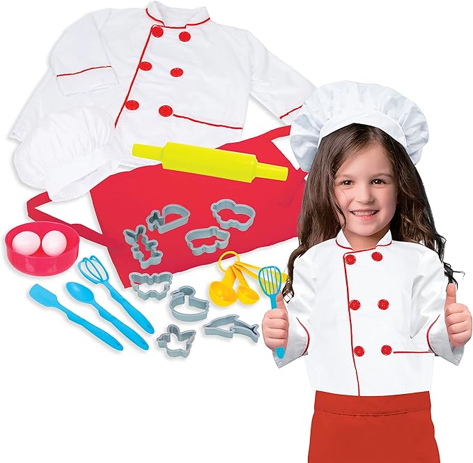 Chef Costume for Kids Ages 3-6 | 21-Piece Kids' Dress Up & Pretend Play Set Includes Jacket, Hat, Apron, Bowl, 2 Eggs, Utensils, Cookie Cutters