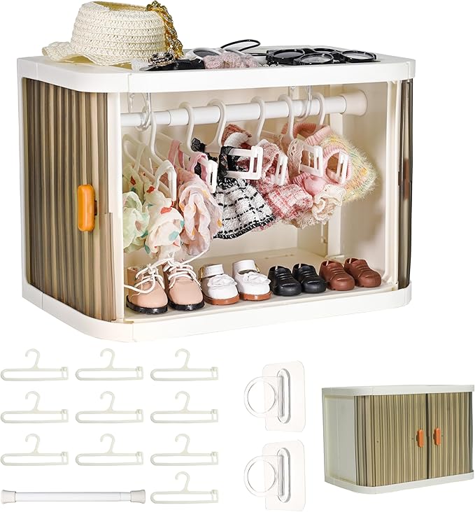 Foldable Doll Wardrobe Compatible with Labubu Clothes, Doll Clothes Closet with 10 Clothing Rack & 1 Rod, Furniture Accessories for Storing 15/17cm Small Outfits with Cover & Display Shelf