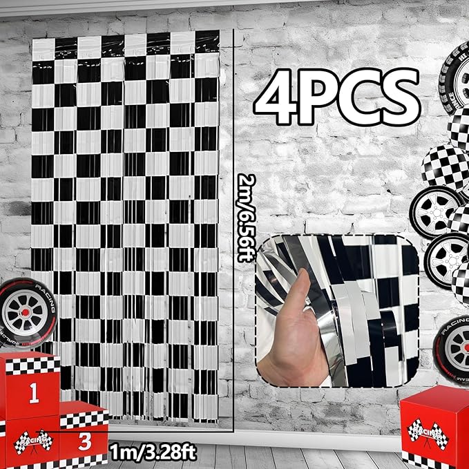 Race Car Foil Fringe Curtains Backdrop Birthday Party Decorations, 4 Pack 3.28 x 6.56 Ft Black White Foil Fringe Curtain Photo Booth Props Racing Car One Happy Dude Birthday Party Decorations