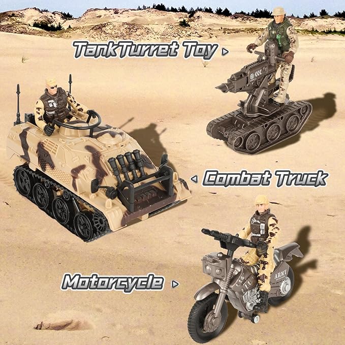 Army Toys, Kids Military Battle Playset with Army Men Action Figures, Army Vehicles, Tank, Truck, Boat, Motorcycle, Helicopter, Soldiers Weapons Accessories, Boys Great Military Gift Toy