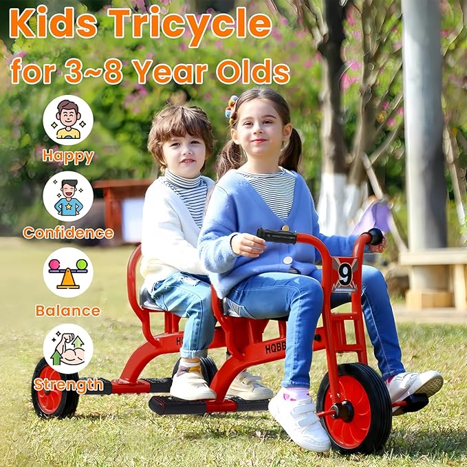 Kids Tricycle for Ages 3-8, Double Kids Trike Bike, Preschool Daycare Outdoor Tandem Bike with Airless Rubber Tires, Two-Seater and Non-Slip Pedals, Gift for Boys and Girls