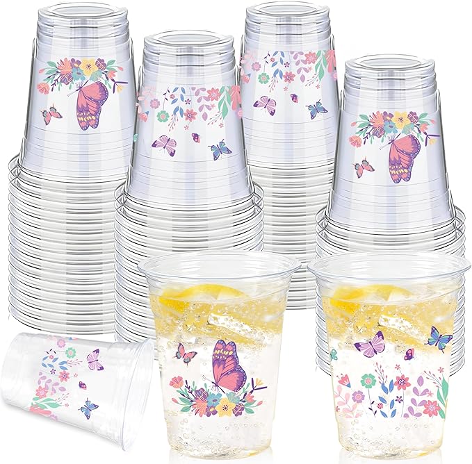100 Pieces Butterfly Plastic Cups, 12 Oz Butterflies Floral Plastic Clear Disposable Drinking Cups for Spring Summer Party Favor Birthday Wedding Party Supplies