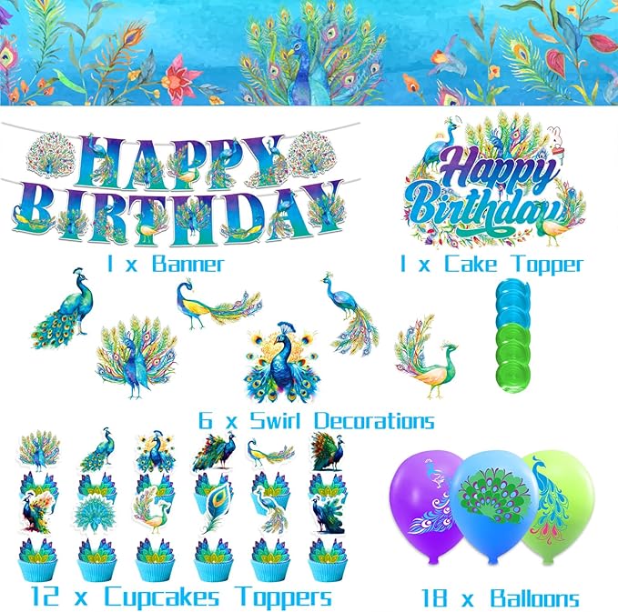 Peacock Party Decorations Colorful Peacock Birthday Party Supplies Includes Banner Cake Topper Cupcake Toppers Hanging Swirls Balloons for Peacock Birthday Party Zoo Bird Theme Party
