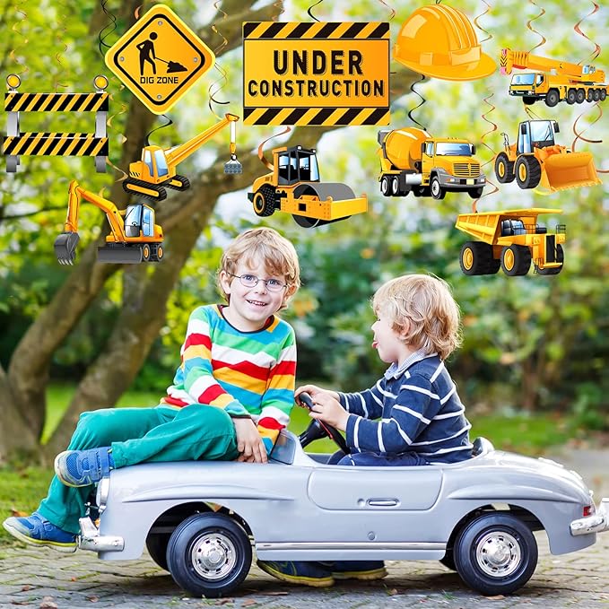 Blulu 30 Pieces Construction Birthday Party Supplies Construction Decoration Zone Party Hanging Swirl Traffic Zone Theme Streamers, Kids Boy Truck Foil Swirls Decorations(Cute)