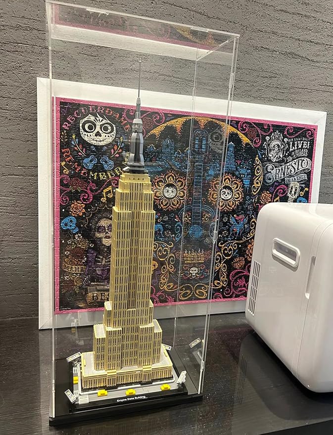 Thickened Clear Acrylic Display Case for Lego 21042 Statue of Liberty Collectibles, Self-Assembly Transparent Box Protection with Wood-Plastic Base & String Light, Black Inside 7.9x7.9x19.7 inch