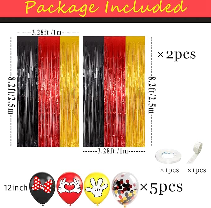 22Pcs Cartoon Mouse Birthday Decorations, Black Red Gold 3.3x8.2ft Tinsel Foil Fringe Curtains Banners and Cute Balloons for Anime Party Decorations Boys and Girls Party Supplies