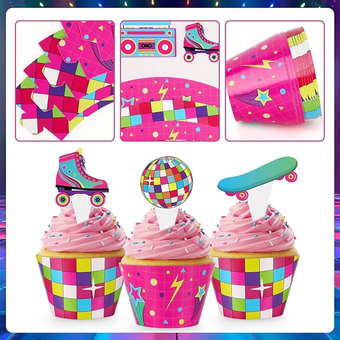 48 Pack Retro Cupcake Toppers and Wrappers, Retro Neon Party Cake Decoration for 80s 90s Theme Birthday Party Baby Shower Supplies