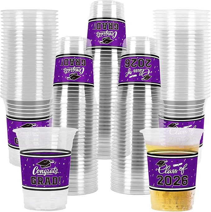 Gatherfun Class of 2026 Celebration - 100 Pcs 16oz Pruple Graduation Plastic Cups for Sturdy & Durable Drinkware for Grad Festivities | Essential Graduation Party Supplies & Decorations