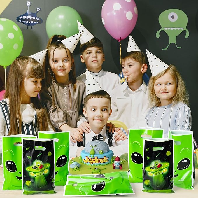 Green Alien Party Favor Bags 50Pcs Fun Alien Goody Candy Treat Gifts Bags, Space Themed Party Decorations for Kids Boys Girls Birthday Space Theme Events Supplies
