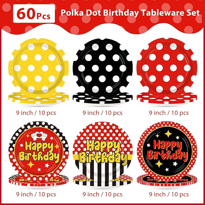 Grencian 60 Pcs Cartoon Mouse Birthday Party Decorations 9” Red Mouse Birthday Party Plates Red Black Yellow Polka Dot Platter Decorations for Halloween Boys Girls Cartoon Theme Parties Supplies
