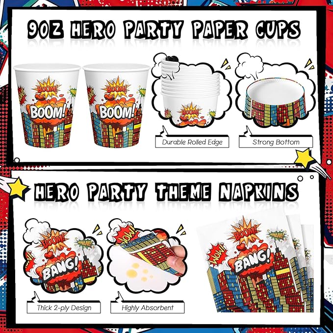 Zhehao 210 Pcs Christmas Hero Party Supplies Serves 30, Hero Themed Paper Plates Napkins Cups and Tableware Sets for Birthday Baby Shower Party Supplies Decor (White)
