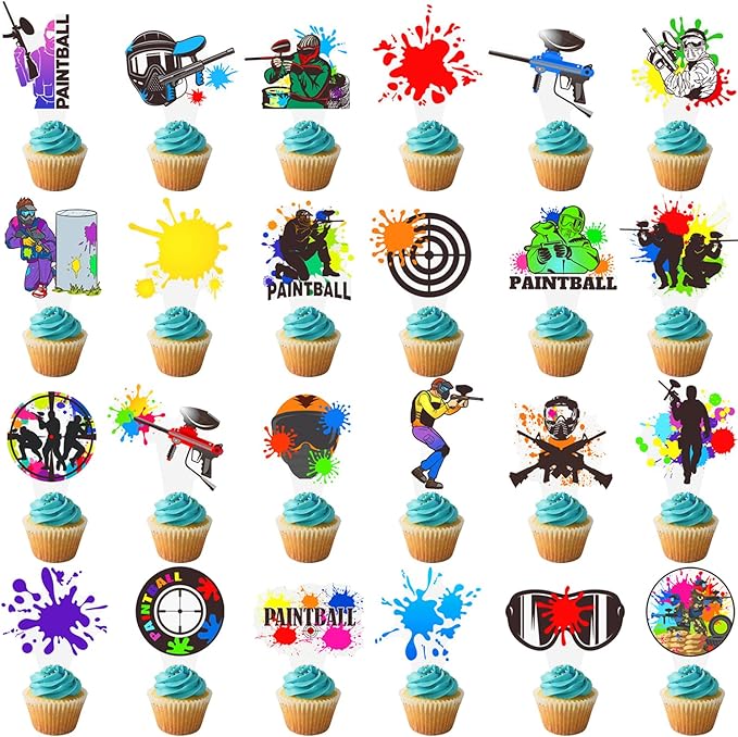 Paintball Cupcake Toppers 48PCS Paintball Birthday Party Decorations Colorful Splash Shooting Game Cake Toppers Paintball Cupcake Decorations for Sport Theme Party Supplies