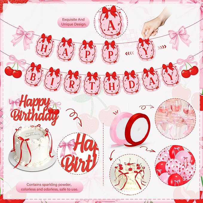 K KUMEED Cherry Birthday Decorations,Cute Happy Birthday Cherry and Bow Banner,Summer Fruit Cherries Party Supplies Cake Topper Latex Balloons for Birthday Party Decorations