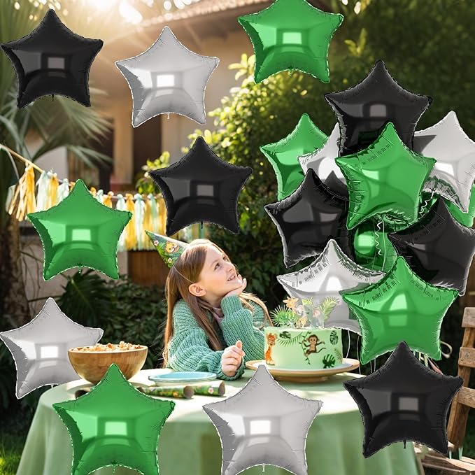 Green Black Star Balloons, 18Inch Balck Olive and Silver Stars Shape Foil Balloons Helium, 12Pcs Green Pentagram Mylar Party Decoration for Boy Men Birthday Graduation Video Games Soccer Party Supplie