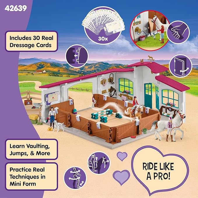 Schleich Horse Club - 179PC Peppertree Riding Arena Horse Playset with Real Dressage Cards - With Stable Set, 2 Horses, 3 Rider Figurines, Cards and Accessories - Toys for Girls & Boys Ages 5+ | 42639