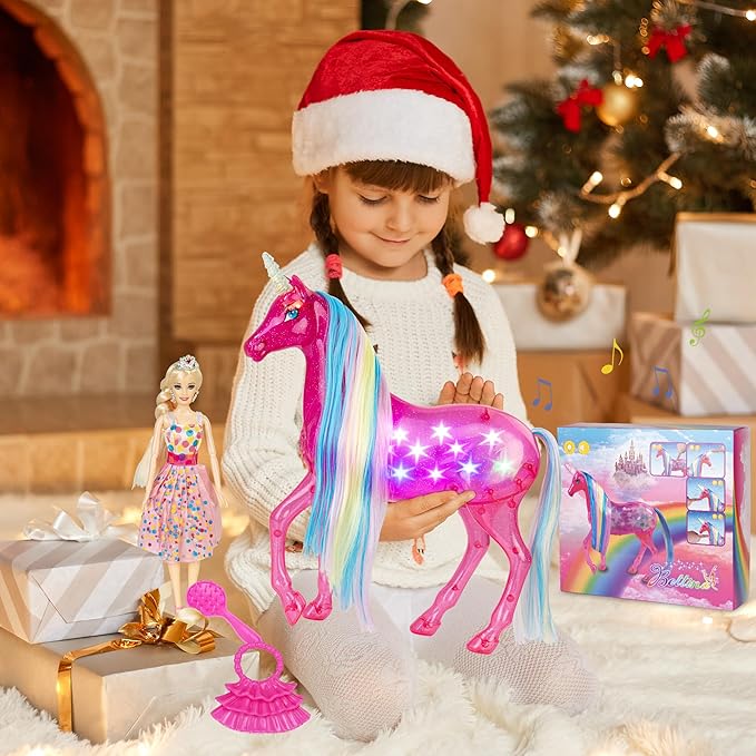 BETTINA My Dreamy Unicorn and Princess Doll Playset, Large Size Unicorn Toys with Magical Rainbow Lights & Realistic Horse Sounds, Ideal Unicorn Gifts Horse Play Set for Girls 3-9