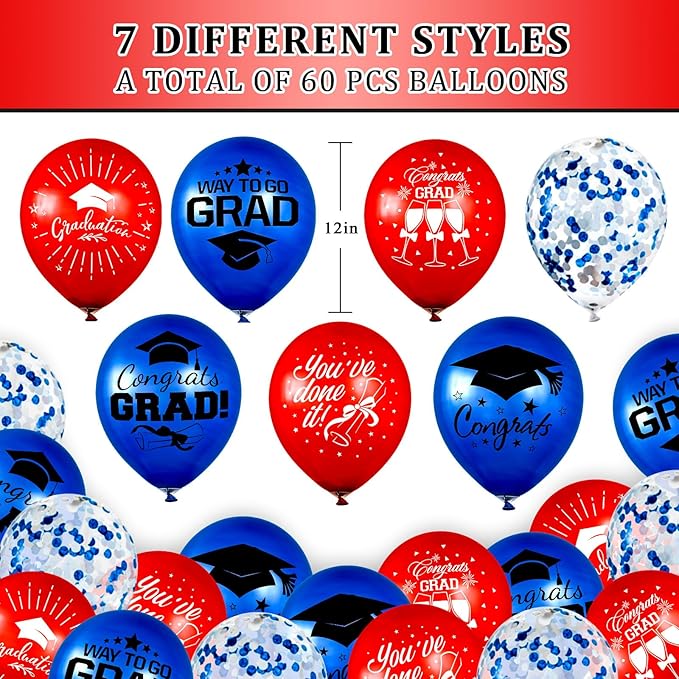 Whaline 60Pcs Graduation Party Balloon Set 7 Designs Confetti Latex Balloon with 2 Rolls Ribbon Class of 2025 Grad Cap Congrats Grad Balloon for Graduation Party Decoration Supplies (Blue, Red)