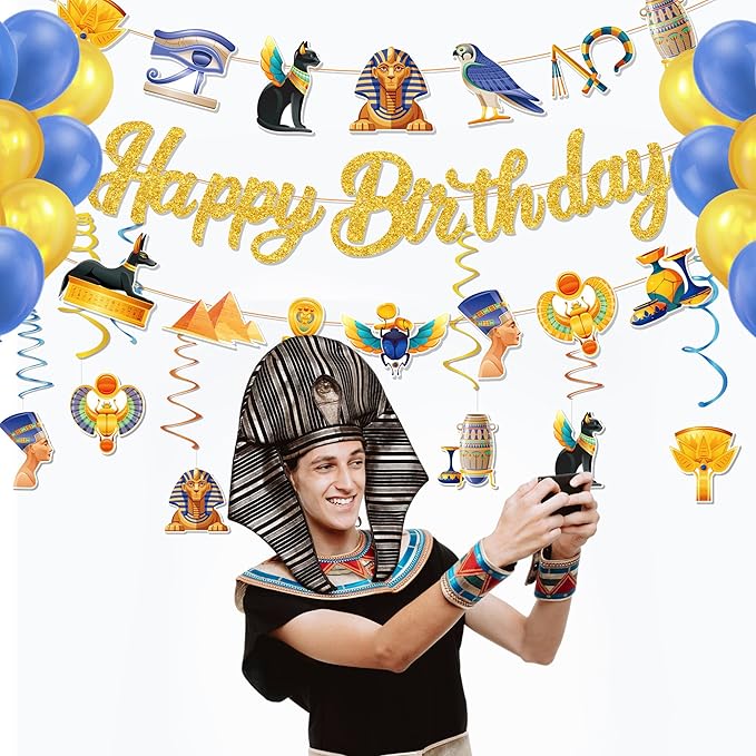 CC HOME 3Pcs Ancient Egyptian Happy Birthday Banner Pharaoh Party Hanging Banner Mythology Theme Birthday Bridal Wedding Baby Shower Boys Girls Kids Home Classroom Party Supplies Decoration