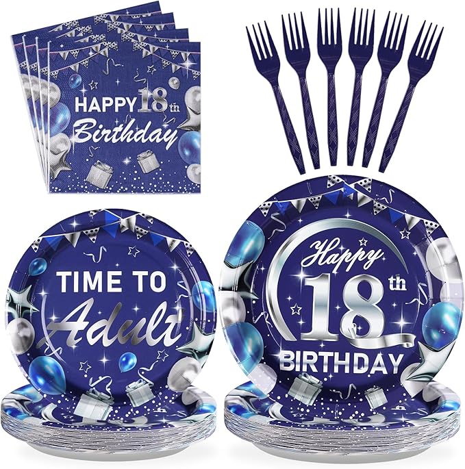 Grencian 96Pcs 18th Birthday Party Decorations Blue and Silver 18th Birthday Plates and Napkins Disposable Paper Tableware Set for Teens Boys Girls 18 Years Old Party Supplies, Serves 24