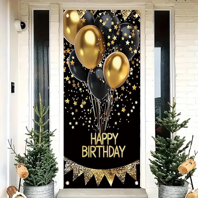 Happy Birthday Door Banner Decorations - Black and Gold Birthday Door Cover for Men Women, 35" x 71" Vertical Front Door Hanging Sign, Reusable Party Supplies for 18th 21st 30th 40th 50th 60th