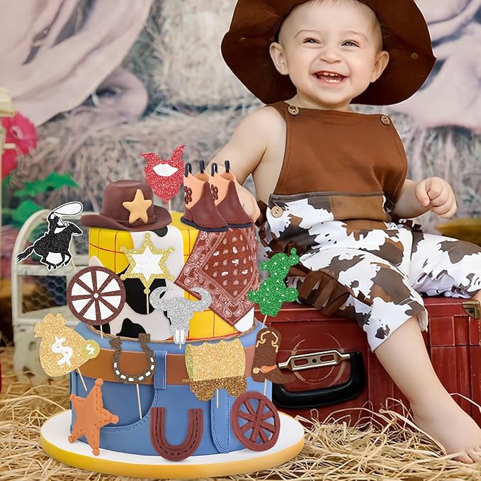 Hooqict 18Pcs Cowboy Cake Decorations Set with Mini Cowboy Hat and Boots, Western Cake Toppers & Rodeo Cupcake Toppers for Wild West Country Themed Birthday Party Decorations Favors