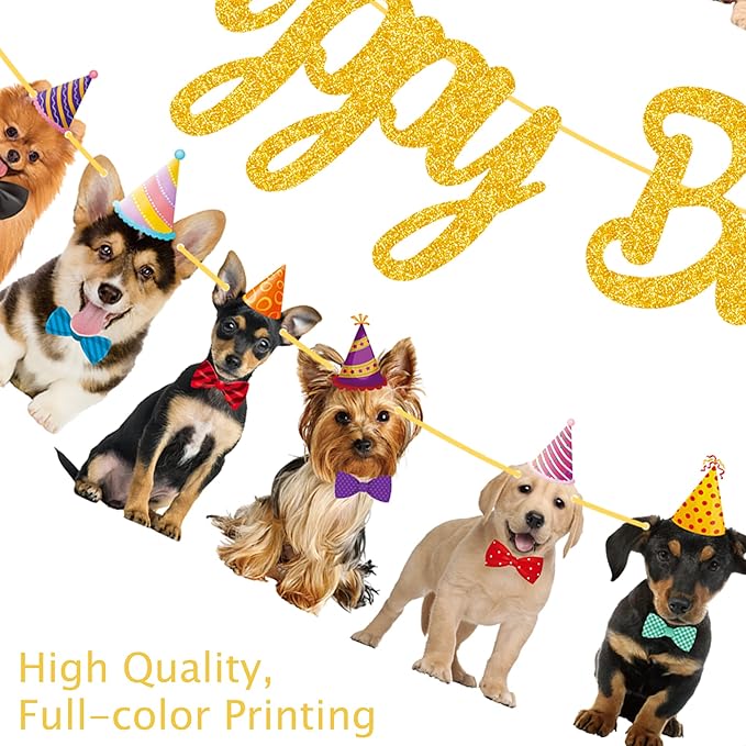 Dog Happy Birthday Banner Decorations Baby Birthday Party Supplies Gold Glitter Puppy Birthday Banner for Pet Dog Theme Party Bunting Decoration Baby Shower Party Supplies